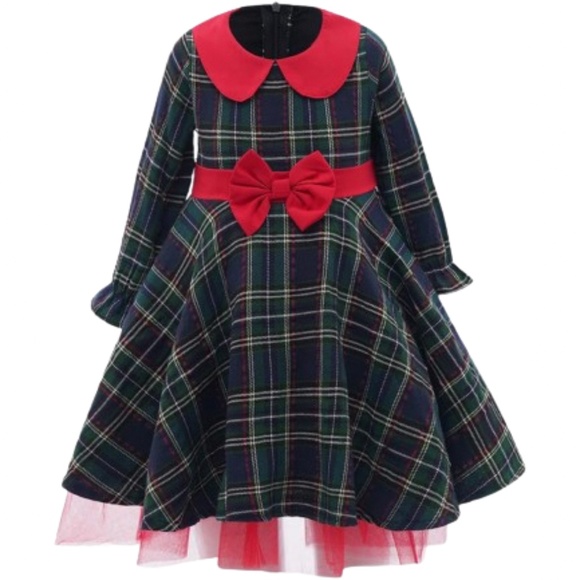 Girl’s  Long Sleeve Bowknot Checked Tutu Princess A-Line Party Dress - Picture 2 of 8